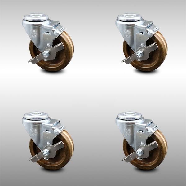 Service Caster 4 Inch SS High Temp Phenolic Wheel Swivel Bolt Hole Caster Set with Brake SCC SCC-SSBH20S414-PHSHT-TLB-4 - main